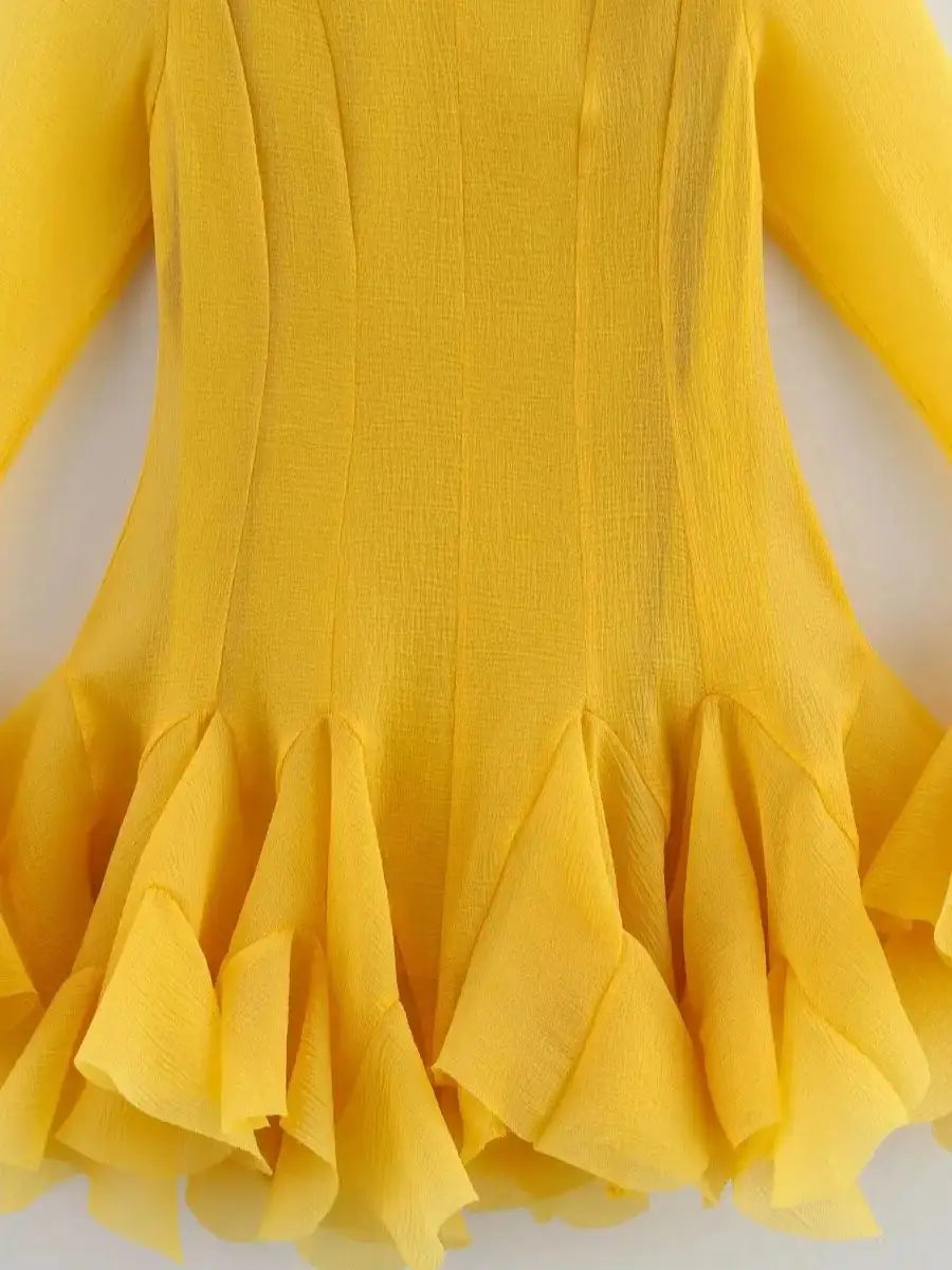 French Style Ruffle Hem Flare Sleeve Mini Dress for Women