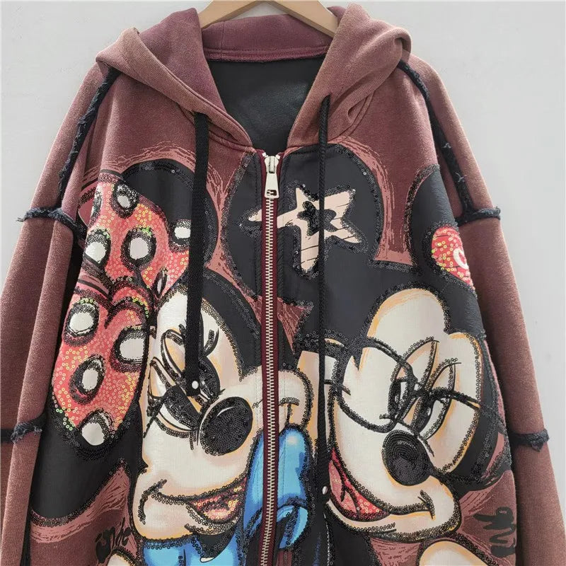 Autumn New Heavy Embroidery Cartoon Loose Coat Fashion Age-Reducing Hooded Jacket Zipper Long Sleeves Tie Top Outerwear Ladies