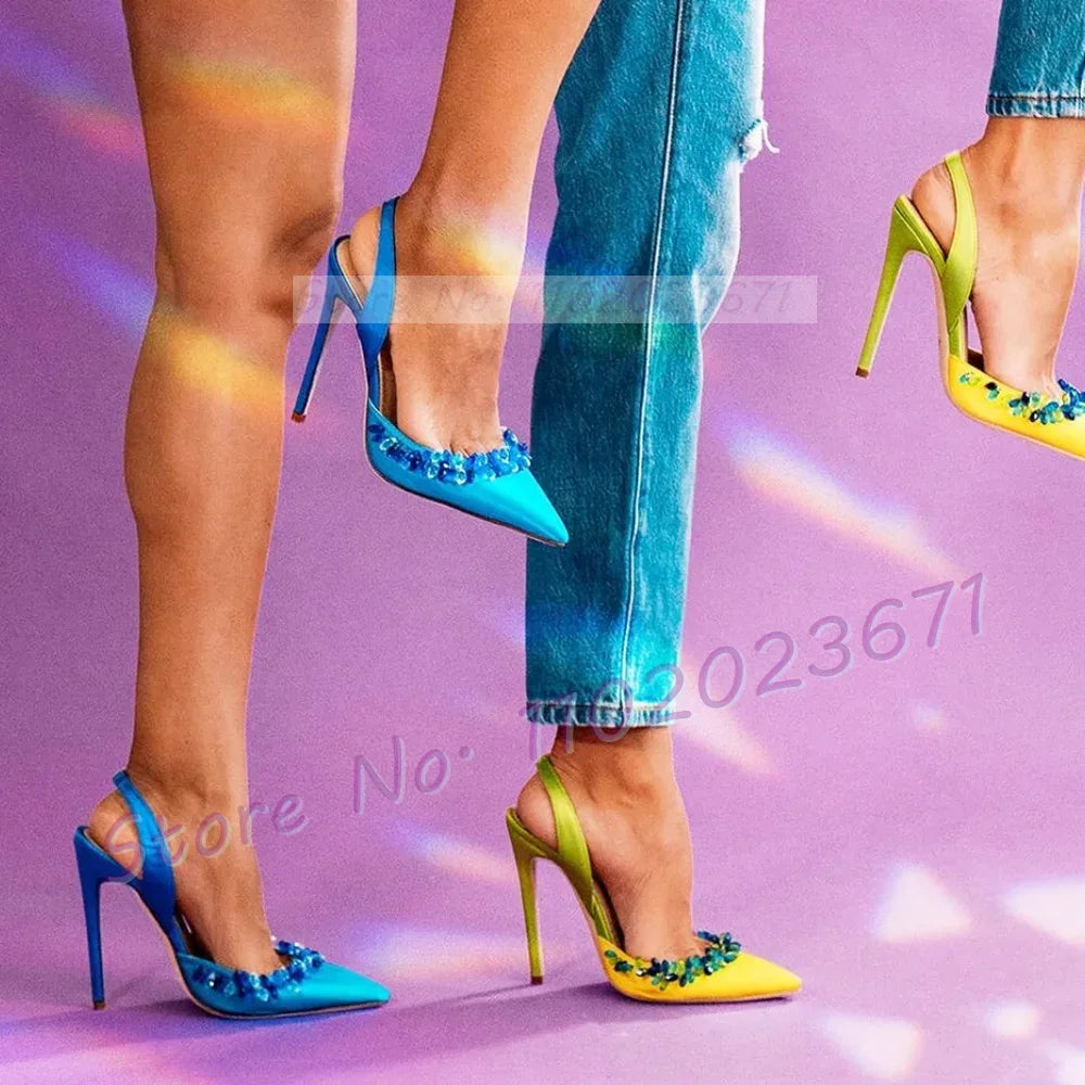 Elegant Blue Crystal Trim Satin Pointy Toe Heels For Women