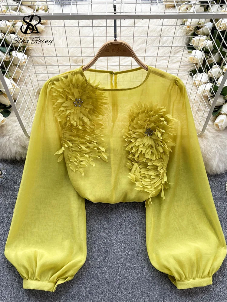 Sheer Floral Bohemian Long Sleeve Satin Blouse for Women