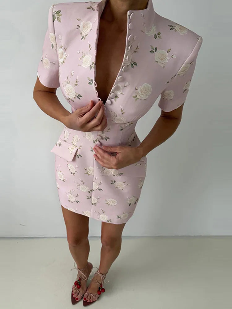 Elegant Printed Short Sleeve Stand Collar Dress for Women