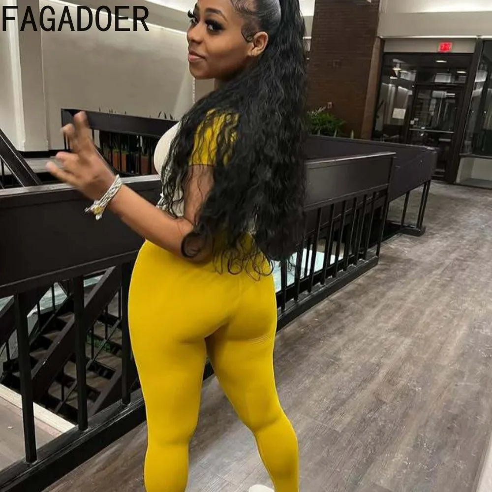 FAGADOER Casual Sporty 2 Pieces Set for Woman Color Block Short Sleeve T Shirts + Leggings Pants Tracksuits Female  Clothing New
