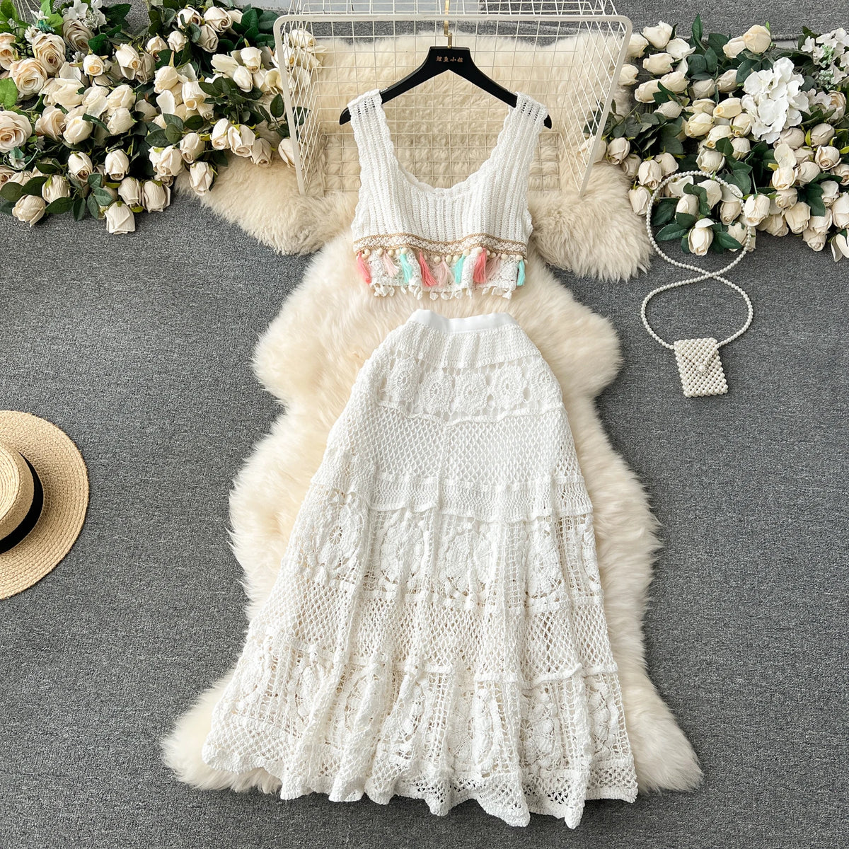 Bohemian Knit Tassel Crop Top and Skirt Set for Women