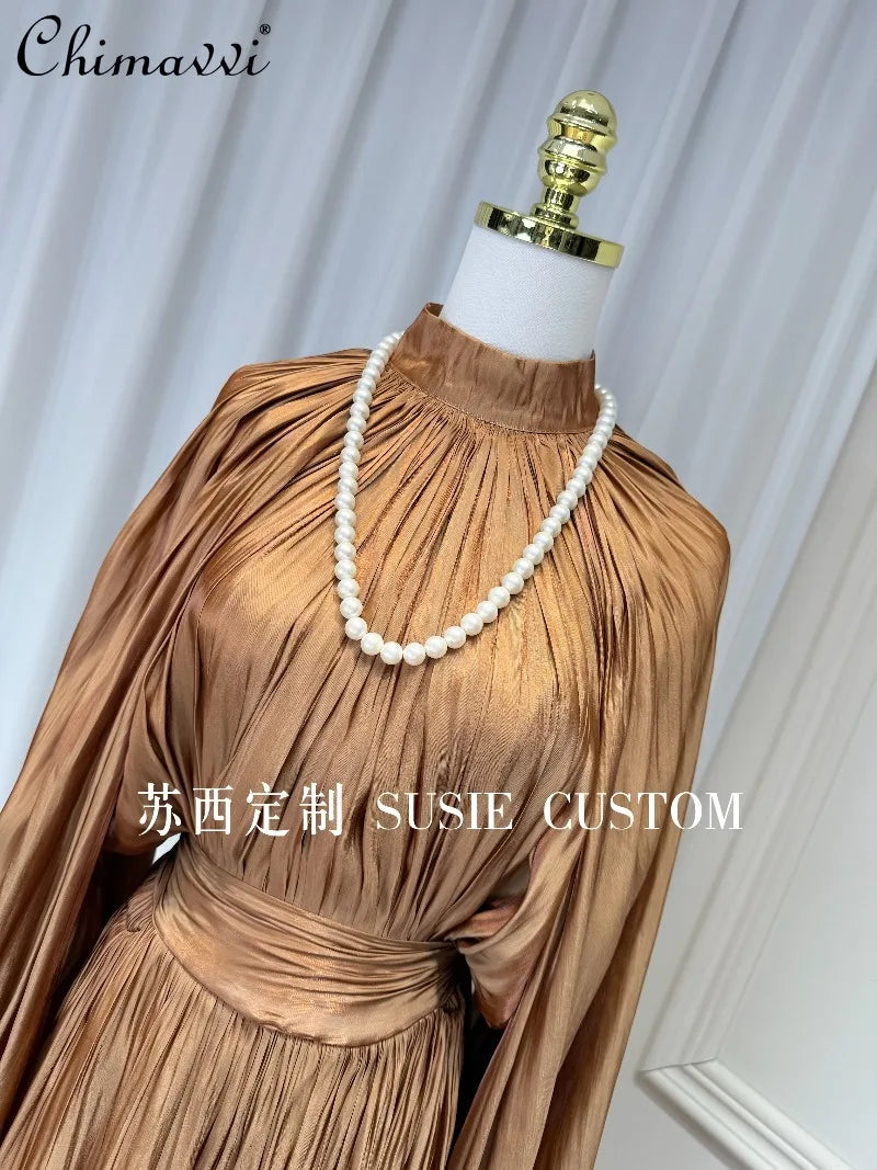 French Retro Palace Stand Collar Pleated Waist Tie Lantern Sleeves Large Swing Long Dress High Waist Elegant Vacation Dress