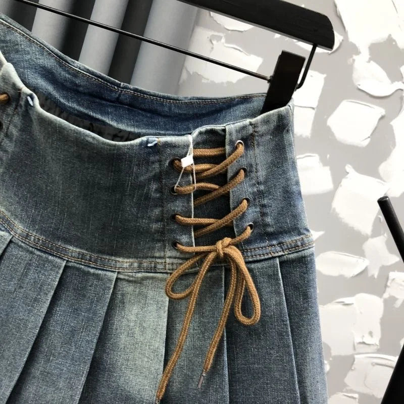 Pleated Skirt Girls Spring Summer New High Waisted Cowboy Short Korean Versatile Elastic Waist Fashion Sweet 2024
