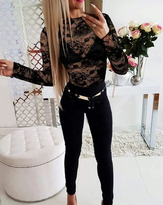 Fashion for Top Women Floral Print Contrast Lace Mock Neck T Shirt Y2k Sexy Casual Sheer Mesh Slim Fit Blouse New 2025 Spring