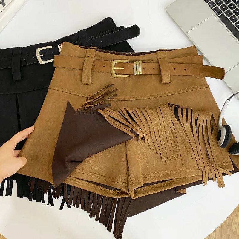 Tassel Detail Faux Suede Shorts