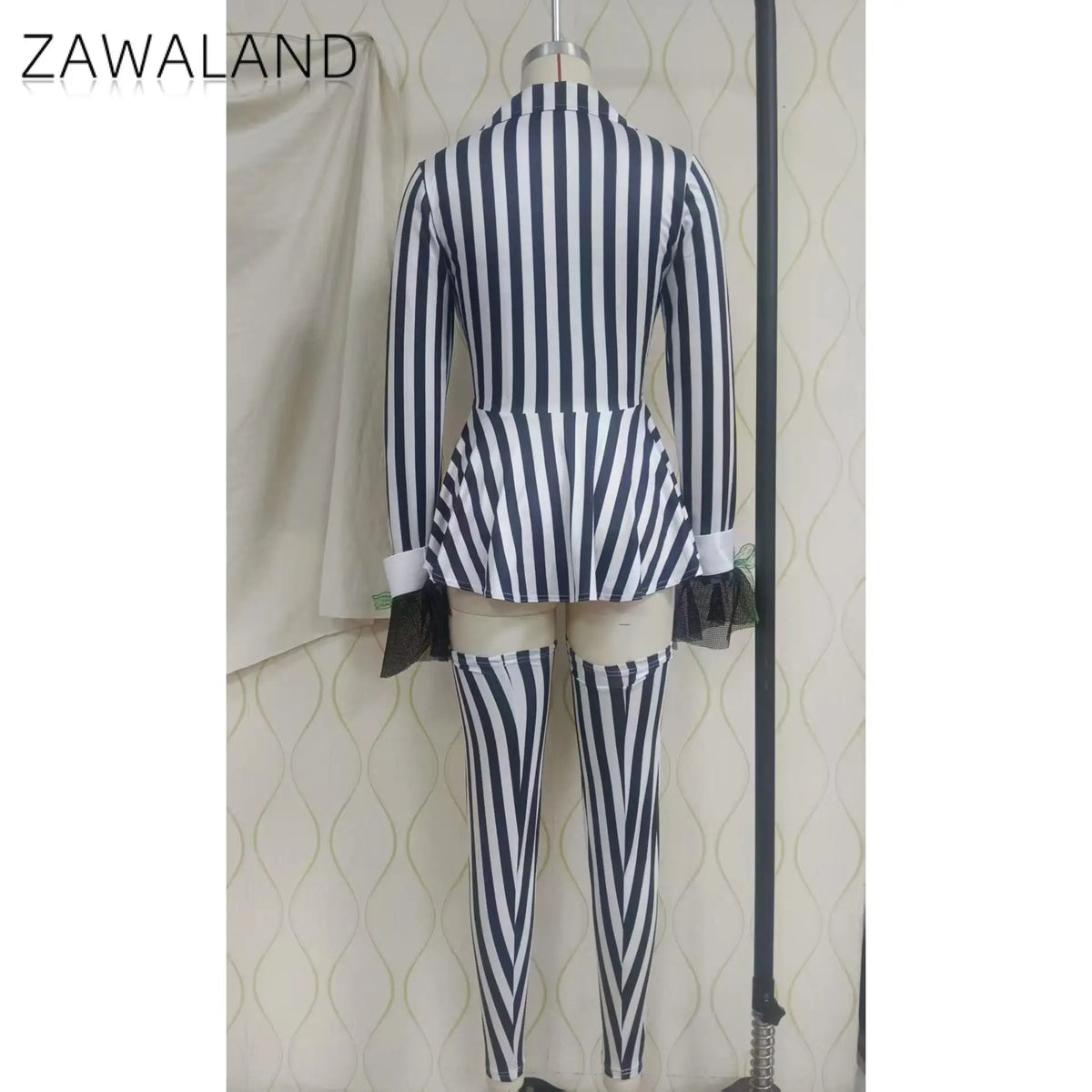 Striped Black And White Clown Costume Set With Jacket And Socks For Women