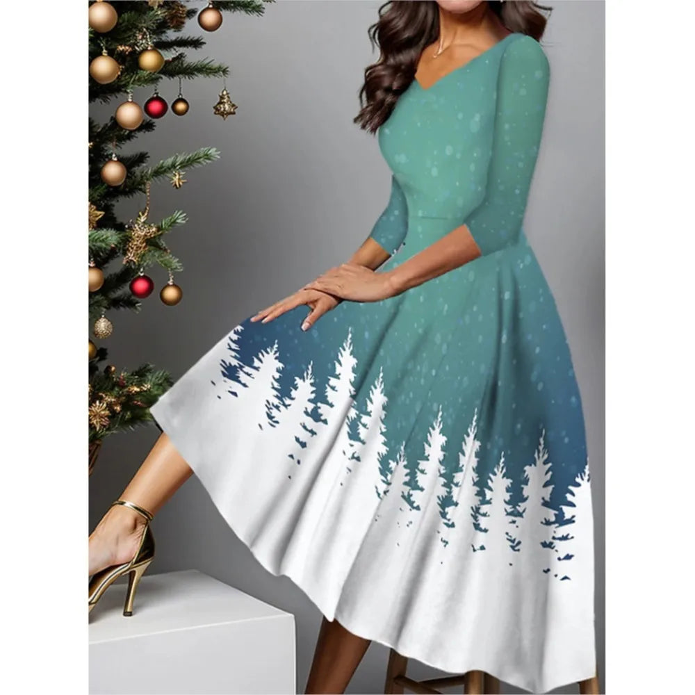 Autumn Snowflake Print V Neck Midi Swing Dress for Women