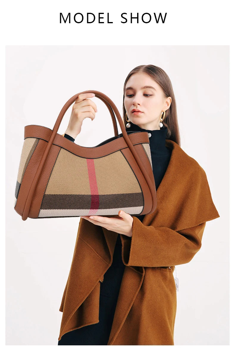 Retro Checkered Large Capacity Canvas And Leather Handbag for Women