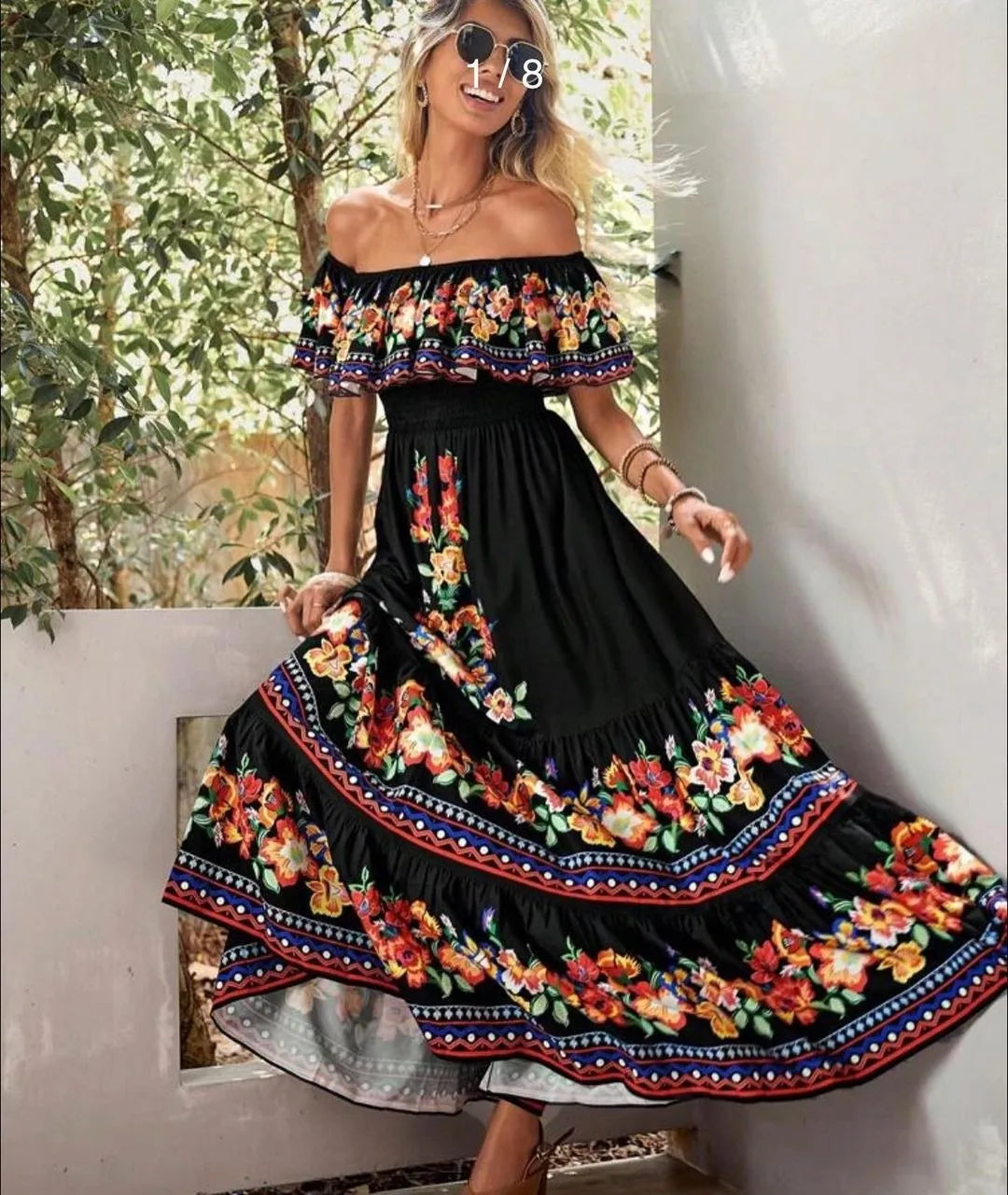 Floral Print Off Shoulder High Waist Dress for Women