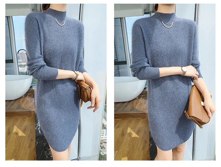 Warm Loose Fit Jacquard Knit High Neck Knee Length Dress for Women