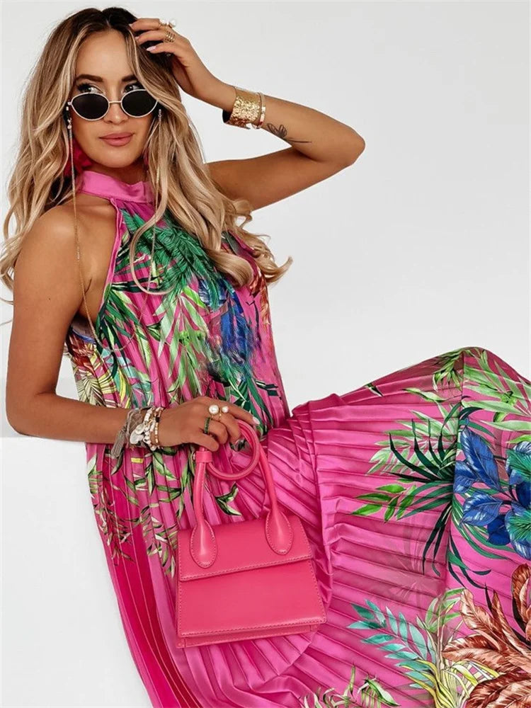 Wmstar Women Dress Lady Casual Loose Halter Pleated Maxi Fashion Leaf Print Sleeveless Beach Boho Elegant Halter Long Dresses