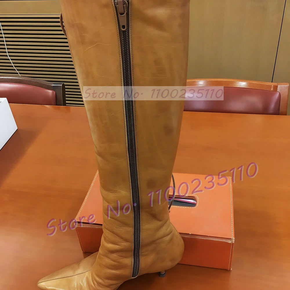 Tan Cross Tied Knee High Boots Women Sexy Pointed Toe Hollow Out Leather Thin High Heels Cool Streetwear Mid Heel Side-zip Boots