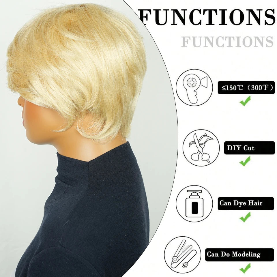 Short Blonde Layered Bob Pixie Human Hair Wig for Women