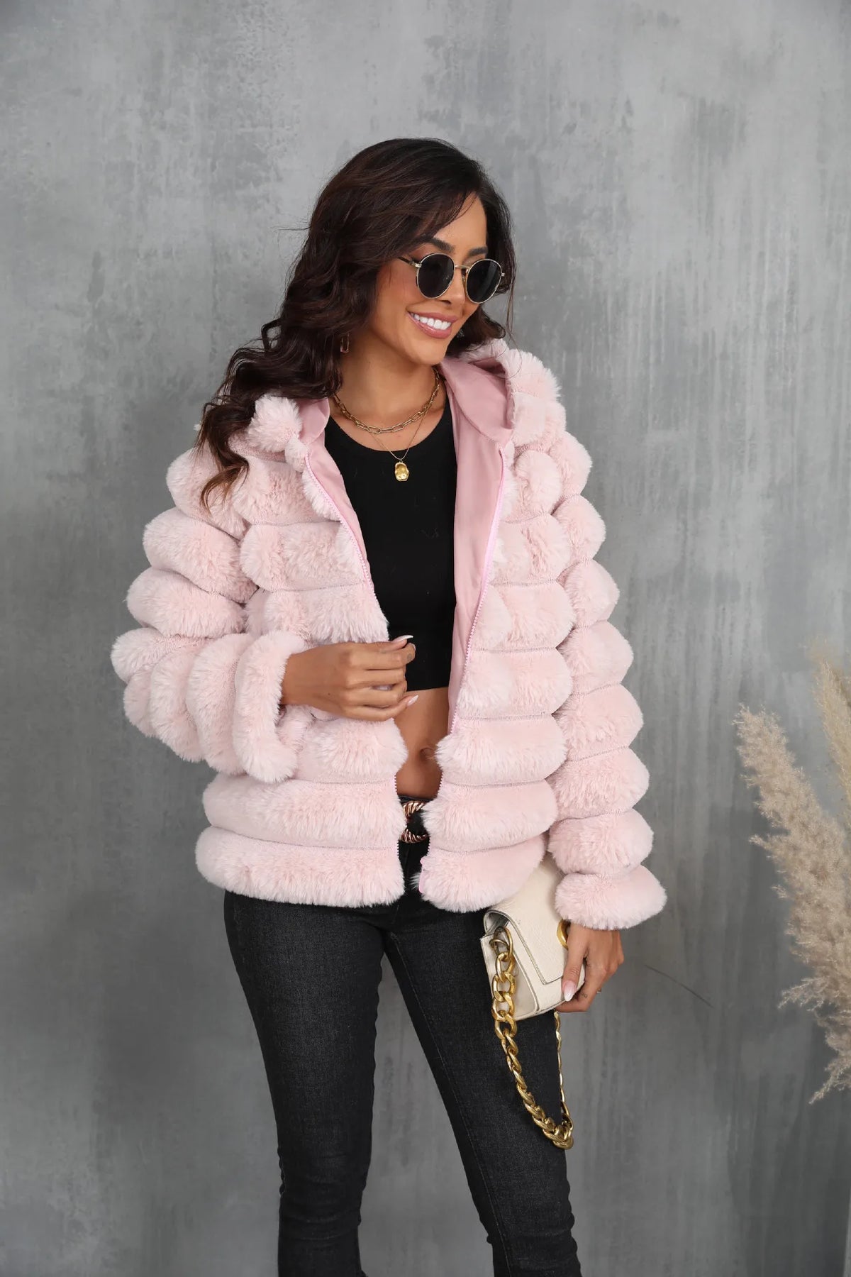 Warm Hooded Short Faux Fur Coat With Turn Down Collar for Women