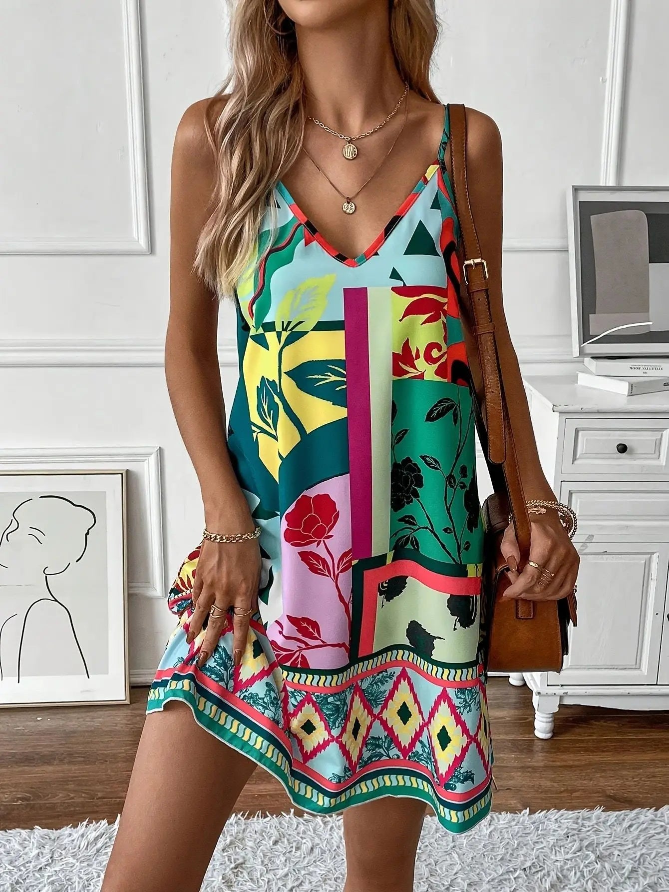 Geometric Print Backless Sleeveless Slip Dress for Women