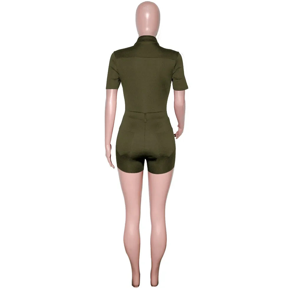 Summer V Neck Mesh Cargo Short Jumpsuit for Women