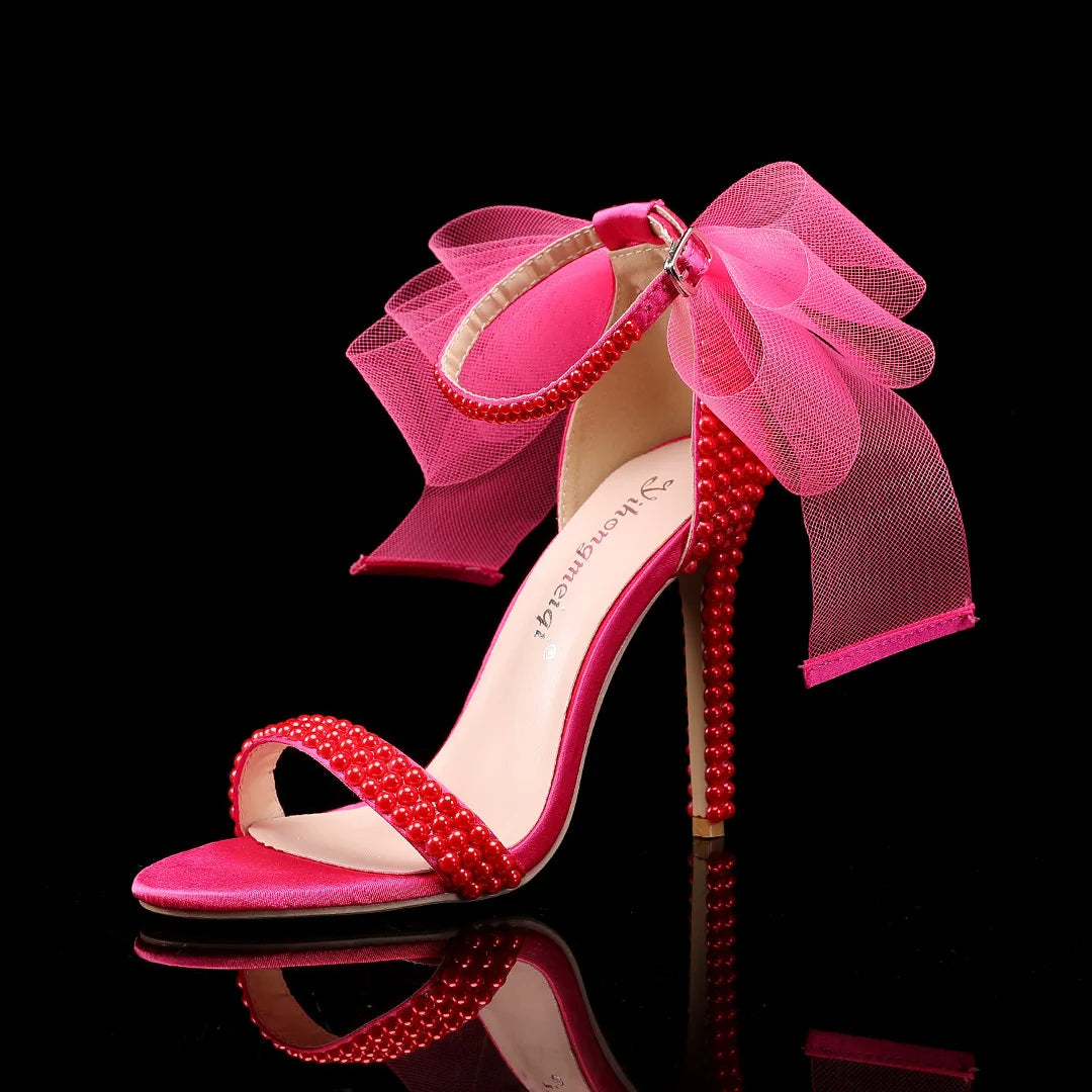 Elegant Pearl Beaded Mesh Bowknot Sandals for Women