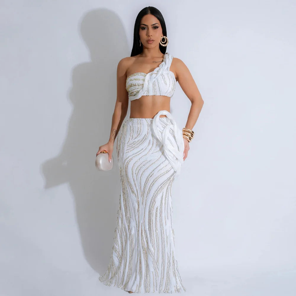 CM.YAYA Women’s Dress Set Mesh Sequined Ribbon Sleeveless Strap Top + Long Skirts Sets 2 Two Pcs Sets Sexy Party Evening Oufits