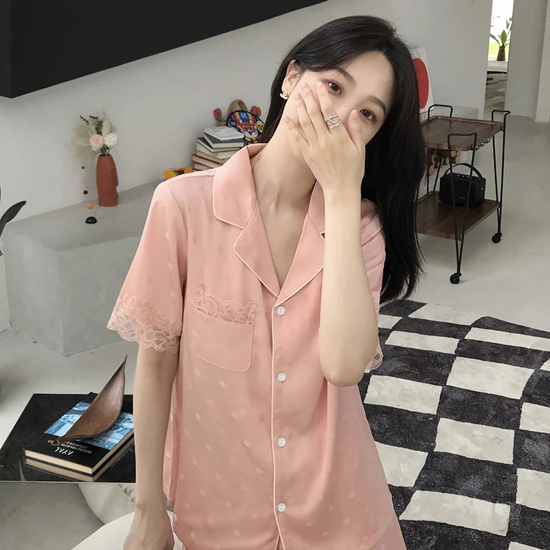 Y2k Pink Sweet Dot Lace Jacquard Women Pajamas French Romantic Lazy Lady Nightgown 2024 New Summer Korean Harajuku Home 2pc Set
