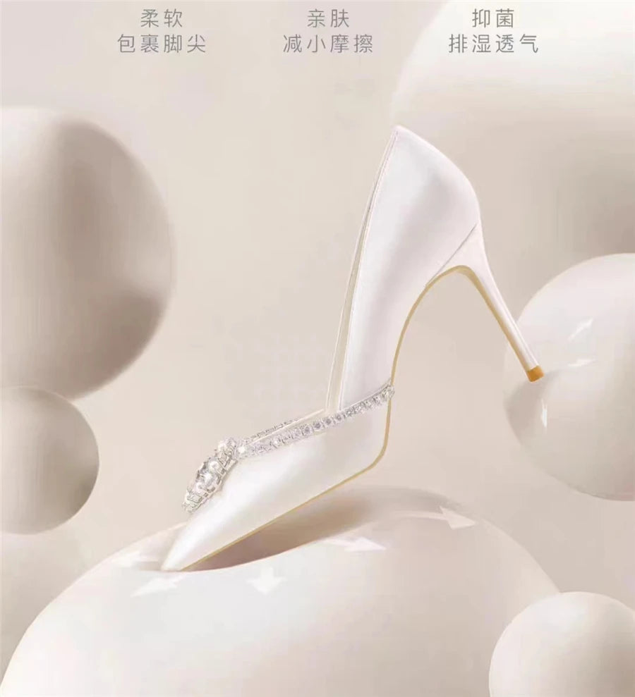 Rhinestone Pointed Toe Satin Wedding Pumps for Women