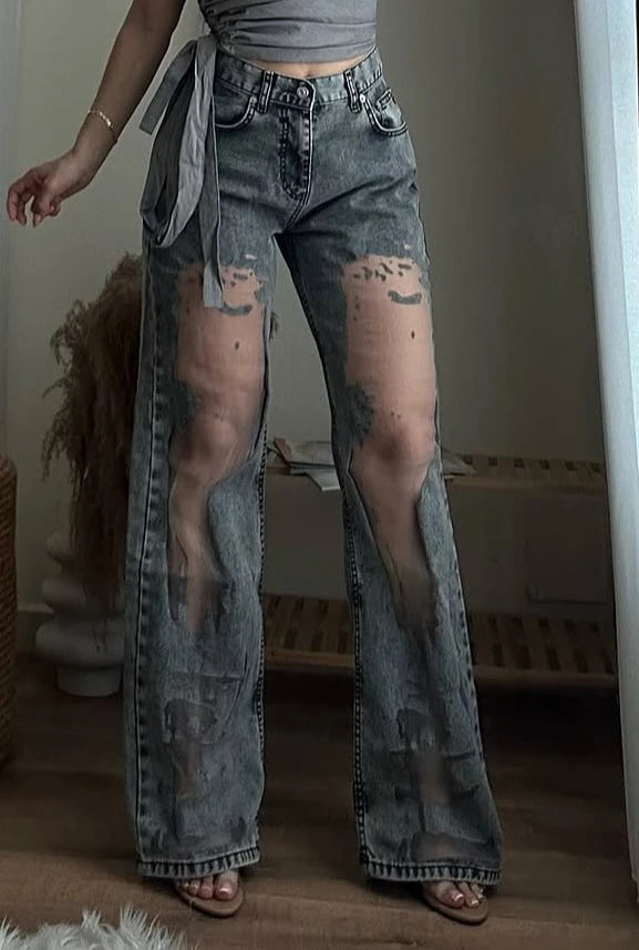 Gothic Ripped Wide Leg High Waisted Jeans