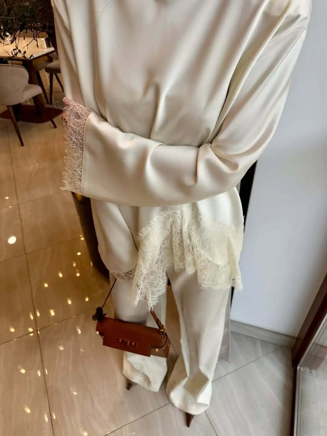 Elegant Lace Satin Wide Leg Pants Two Piece Set for Women