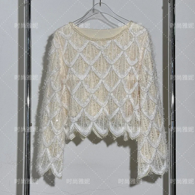 High-end Fashion Beaded Sequined Skirt Set 2025 Spring New Long-sleeved T-shirt Top High Waist Slim-fit Hip Skirt 2-piece Set