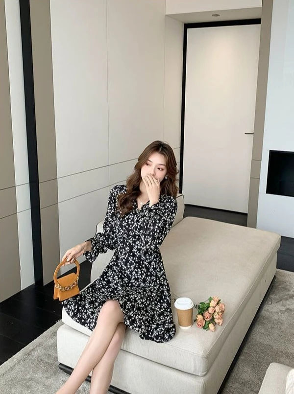 Floral Woman Long Sleeve Dress Chic And Elegant Pretty High Quality Flower Luxury Outfits Casual Youth Midi Dresses for Women