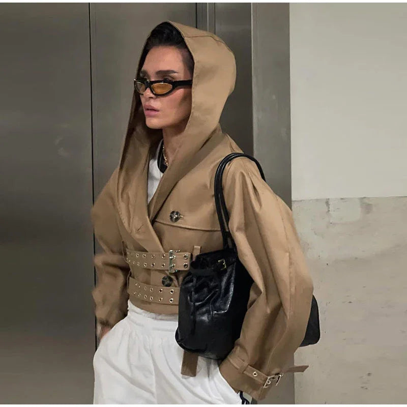 Khaki Cotton Blended Double Breasted Puff Sleeve Coat For Women