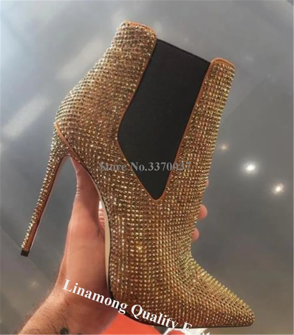 Crystal Embellished Slip On Pointed Toe Ankle Boots for Women