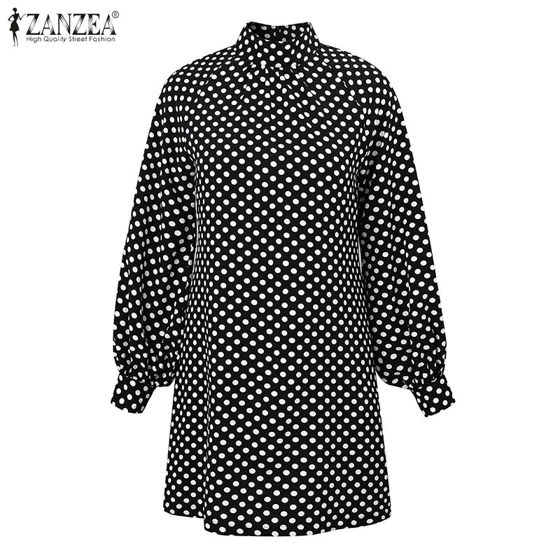 ZANZEA Bohemian Printed Vestidos 2024 Women Turtleneck Dresses Casual Zipper Mini Sundress Fashion Lantern Long Sleeve Robe