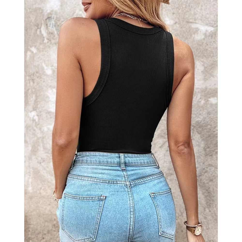 New Style Summer Round Neck Ribbed Tank Top With Bra Pads Fashion Sexy Femme Casual Sleeveless Top Solid T Shirt Streetwear