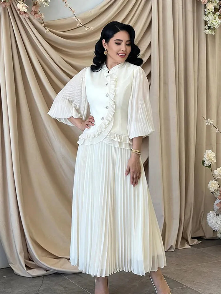 Ruffle Lantern Sleeve Top and Pleated Skirt Set for Women