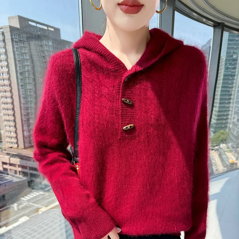 Chunky Knit Loose Hooded Pullover Sweater for Women