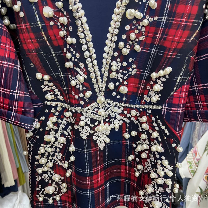 Colorblock Plaid Short Sleeve Female T-shirt Luxury Beading Round Neck Pullover Top All-match Spring Summer Women Casual Tees