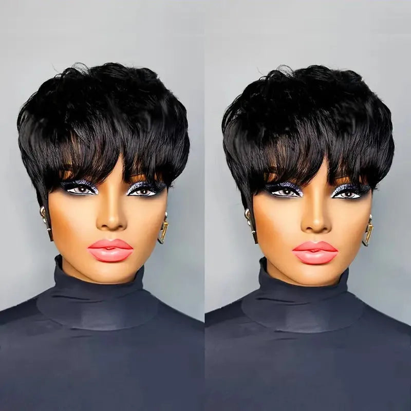 Layered Human Hair Pixie Bob Wig With Bangs for Women