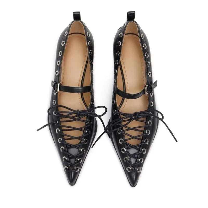Retro Pointed Toe Lace-Up Rivet Detail Pumps for Women