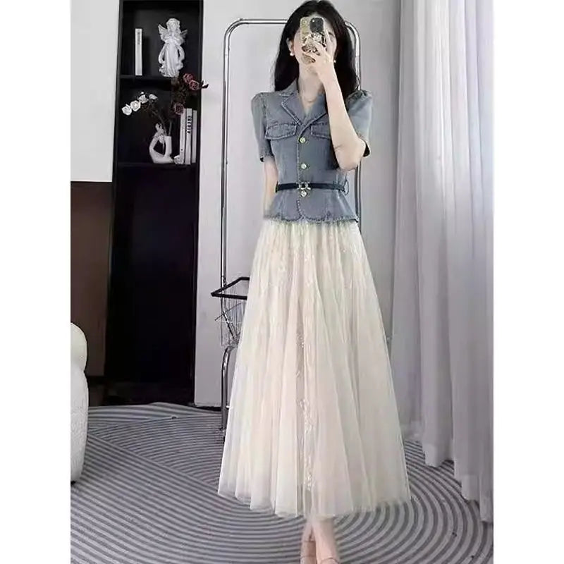 Slim Fit Denim Jacket and Mesh Skirt Two Piece Set for Women