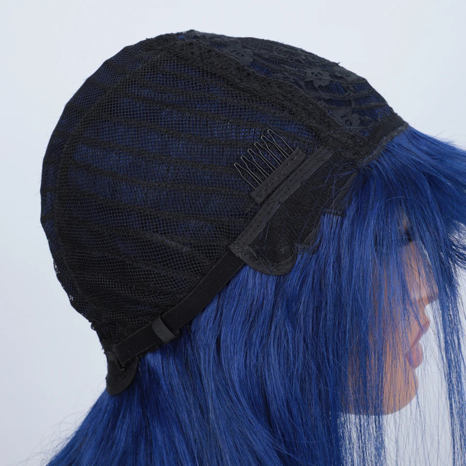 Blue Long Straight Human Hair Wig With Bangs for Women