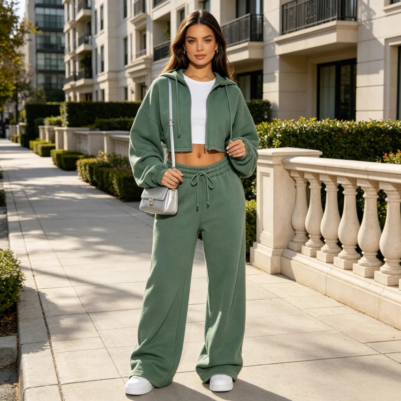 Hooded Zip Jacket and Wide Leg Pants Set for Women
