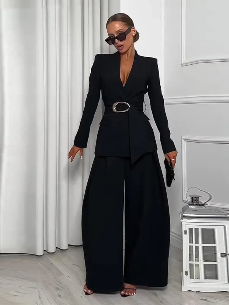 Elegant Solid Two Piece Blazer Pants Set for Women