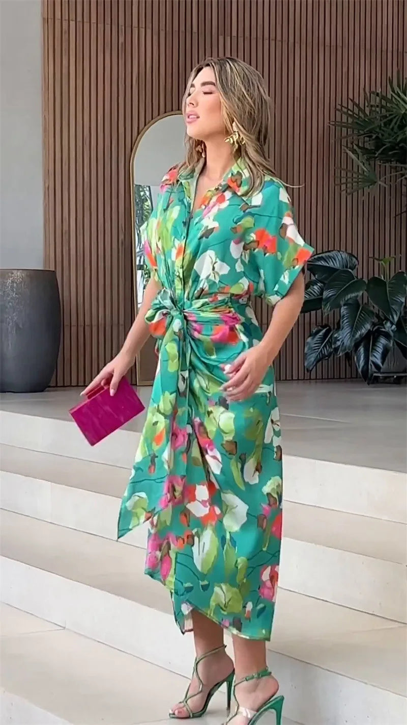 Printed Button Front Ankle Length Shirt Dress with Belt for Women