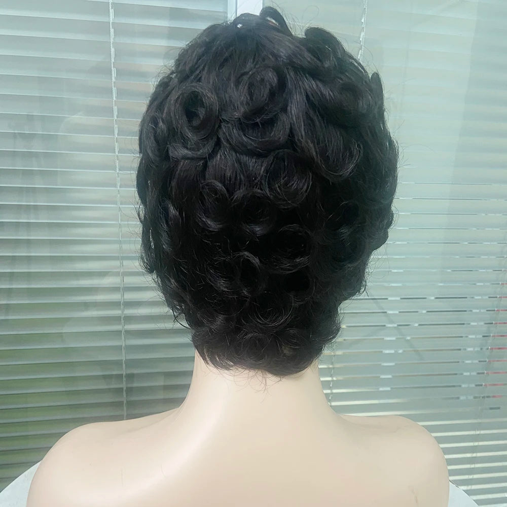 Short Curly Layered Pixie Cut Human Hair Wig for Women