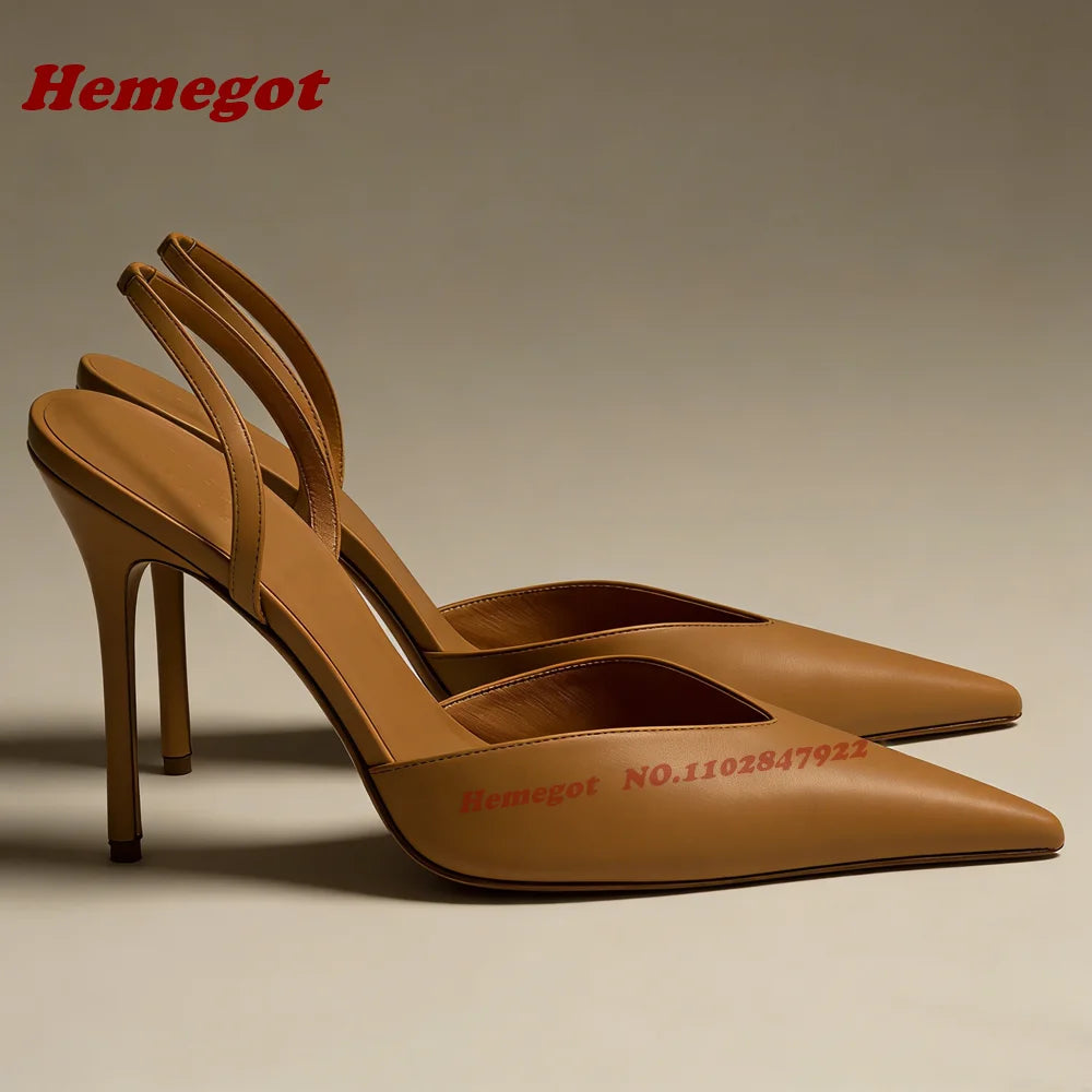 Brown V-Cut Slingback Pumps With Pointed Toe for Women