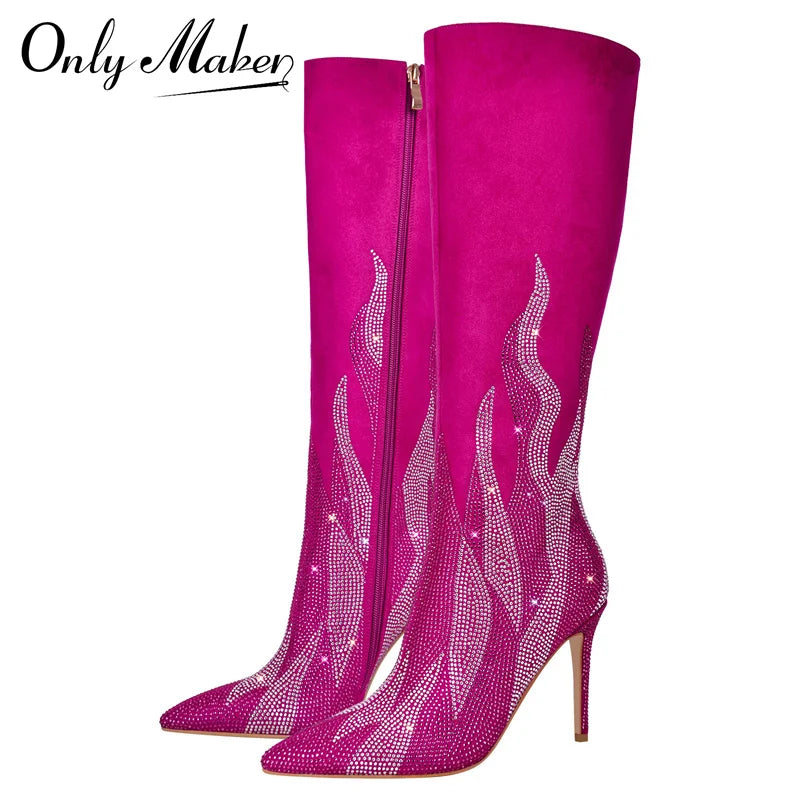 Pointed Toe Rhinestone Knee High Boots with Thin Heels for Women