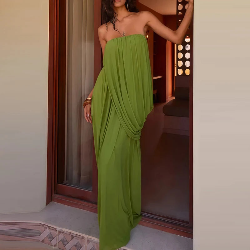Elegant Strapless Backless Pleated Slit Maxi Dress for Women