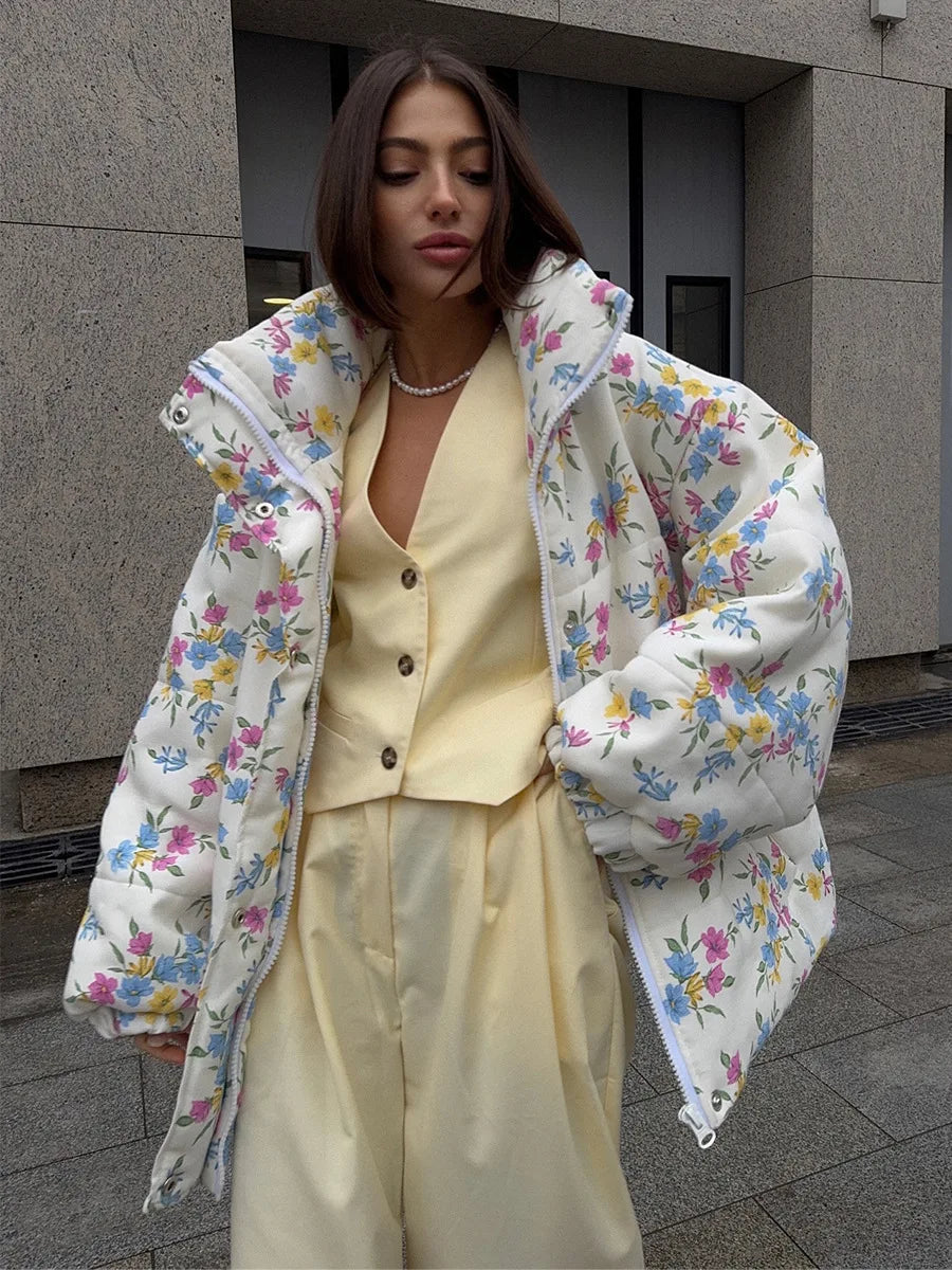 Floral Print Oversized Stand Collar Puffer Jacket For Women