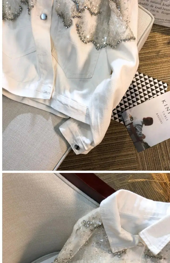 Mesh Sequined Denim Jacket for Women, Loose Coat and Stylish Top Trend for Spring 2025